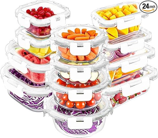 VERONES 12 Packs Glass Food Storage Containers Set with Lids, White | Airtight Glass Lunch Containers, Glass Meal Prep Containers with Lids, for Microwave, Oven, Freezer & Dishwasher Friendly by VERONES