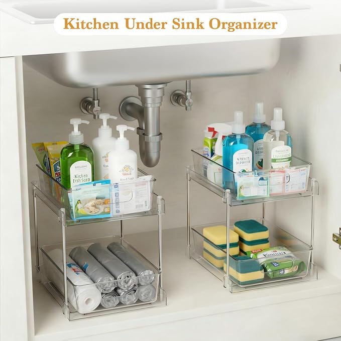4 Pack Bathroom Organizers and Storage, 2-Tier Clear Under Sink Organizer, Vanity Counter Storage, Medicine Cabinet Organization, Pull-Out Cabinet Organizer With Track For Bathroom, Kitchen, Pantry - Image 4
