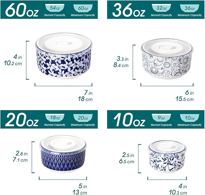 vancasso Ceramic Nesting Bowls with Lids Set of 4, Serving Bowls for Food Storage, Prep Bowl, Ceramic Bowl for Kitchen, Microwave & Dishwasher Safe, 60+36+20+10 Oz, Series SELENE - Image 2