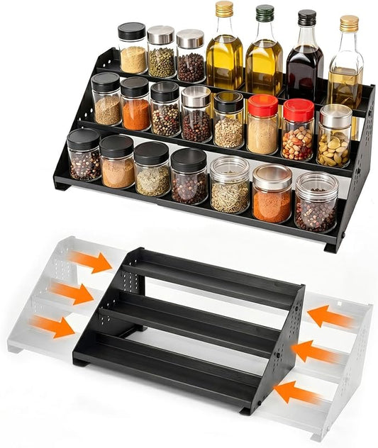 RICHMYC 3-Tier Spice Rack Organizer, 13"-22" Expandable, Height Adjustable | Metal Spice Organization for Cabinet, Kitchen Seasoning Organizer , Anti-Slip Guardrail Spice Storage for Countertop, Pantry by RichMyC