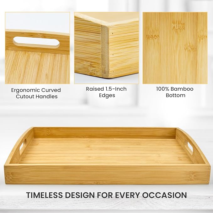 Bamboo Serving Tray Set of 2, Bamboo Trays with Handles | Decorative bamboo serving trays for serving, storage,kitchens, living rooms,bathrooms, outdoor dining 17" × 13" & 16" × 12" - Image 3
