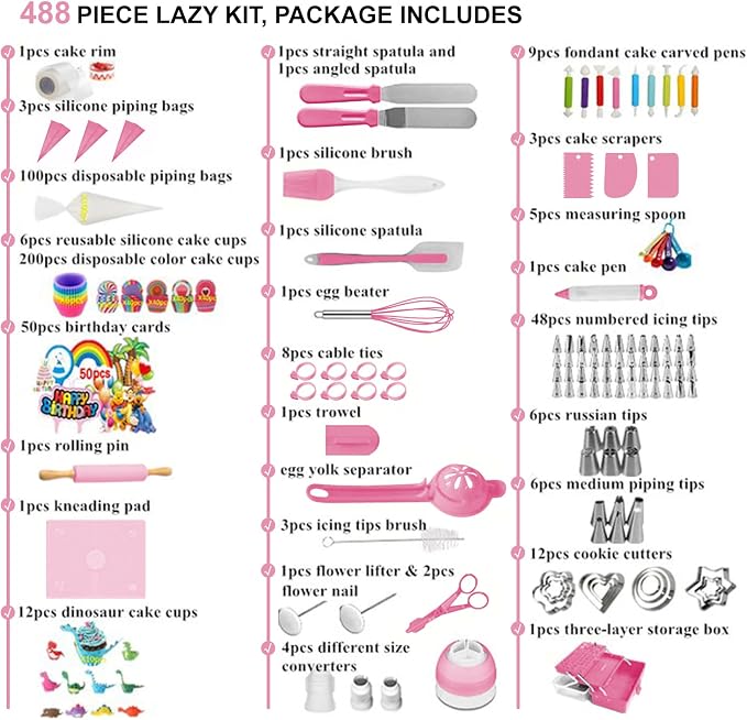 Cake Decorating Kit,Piping Bags and Tips Set,Cake Decorating Supplies,Frosting Piping Kit,Cake Baking Supplies for Beginners (488PCS) - Image 6