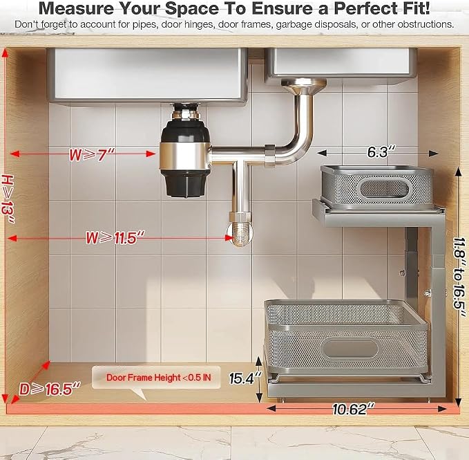 2-Pack Under Sink Storage Organizer with 2-Tier Slide Out Drawer, Sophisticated Mesh Pull Out Shelf for Kitchen & Bathroom, Fits Small Items, Upgraded Arched Track for Smooth Gliding-Gun Gray - Image 2