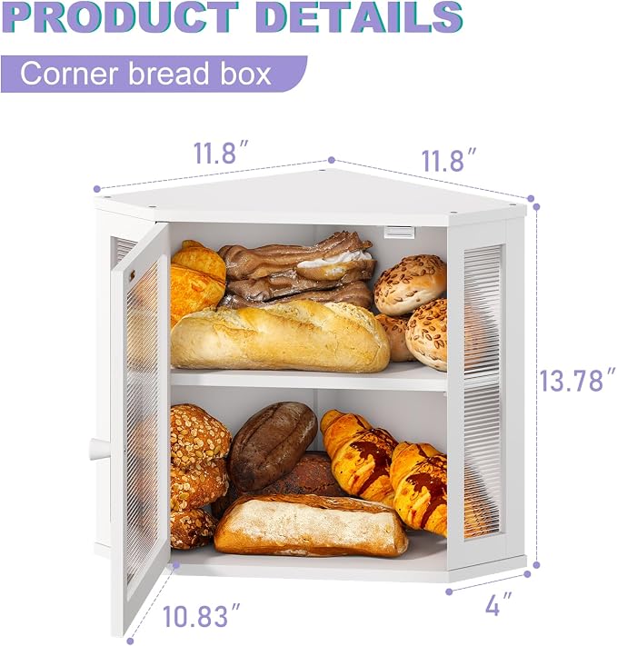 Corner Bread box for Kitchen Countertop,Farmhouse Bread Box with Acrylic Wavy Door Panel,Large Bread box for kitchen countertop,Kitchen Countertop Food Storage Container (White, Meduim) - Image 2