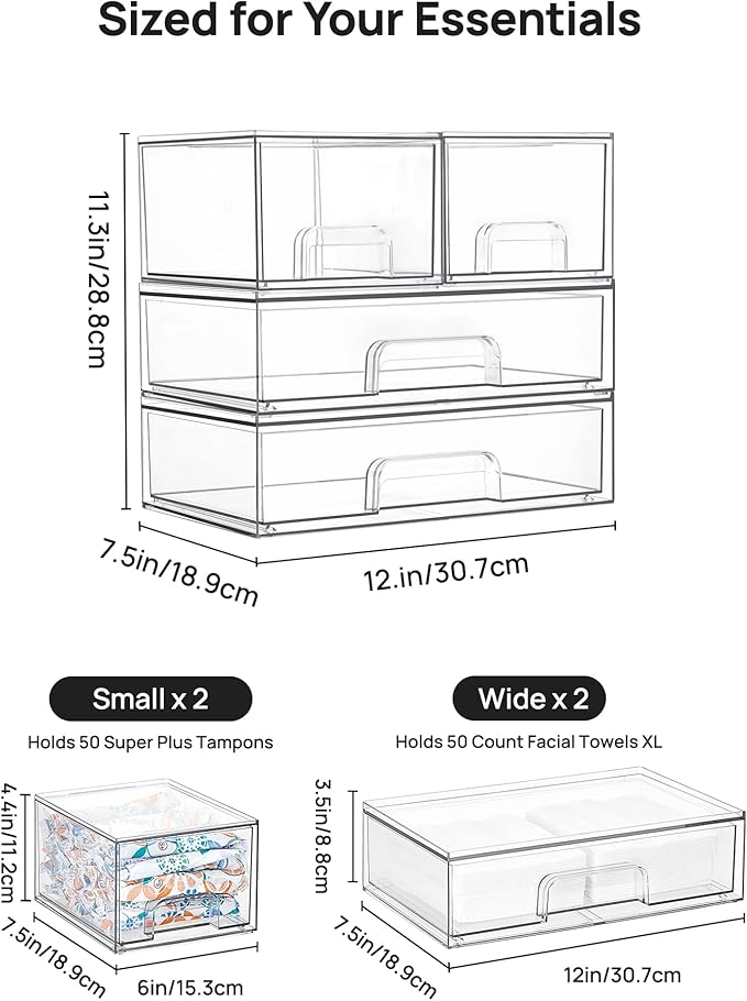 Vtopmart Stackable Storage Drawers Set of 4, Clear Plastic Organizer Bins for Bathroom Supplies,Ideal for Cabinet,Pantry,Laundry Room Organization - Image 2