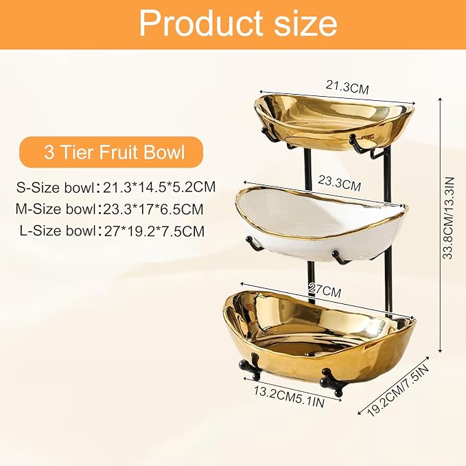 3 Tier Fruit Bowl for Kitchen Counter,Ceramic Bowl with Metal Stand,3 Tier Fruit Basket for Vegetable Bread Candy Snack Nuts Dessert Cake Tray (Gold Bowl Black Rack) - Image 2