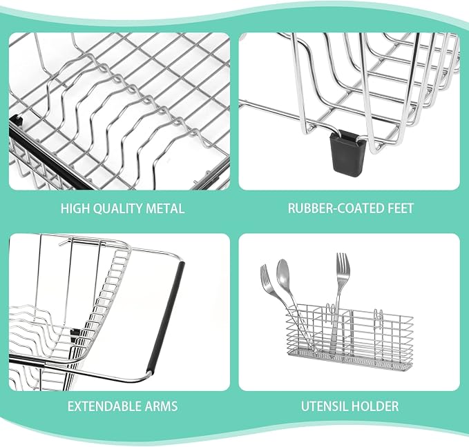 Sink Dish Drainer Rack, Expandable 304 Stainless Steel Drying Rack | Large Capacity Sink Dish Rack with Utensil Holder, Adjustable 15.35"-20.47", Fits Inside Sink, Holds Up to 13 Utensils - Image 4