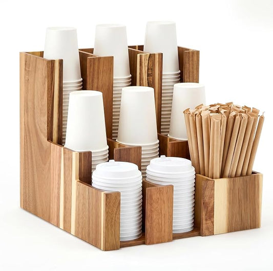 CroBlissful Acacia Vertical Coffee Cup and Lid Dispenser, Coffee Condiment Organizer, 9 Compartment for Disposable Paper & Plastic Cup, for Cabinet Station Home Countertop Bar 13''L x 13''W x 12''H by CroBlissful
