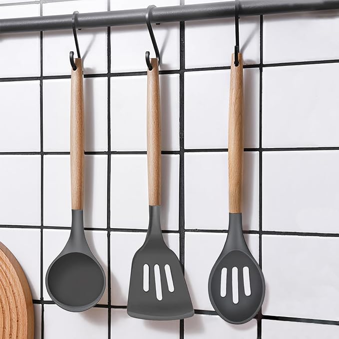 Kitchen Cooking Utensils Set, 6Pcs Silicone Kitchen Utensils Set Spatula Spoon Soup Ladle Turner, Heat Resistant Wooden Handle Silicone Cooking Gadgets for Nonstick Cookware & Baking BPA FREE - Image 8