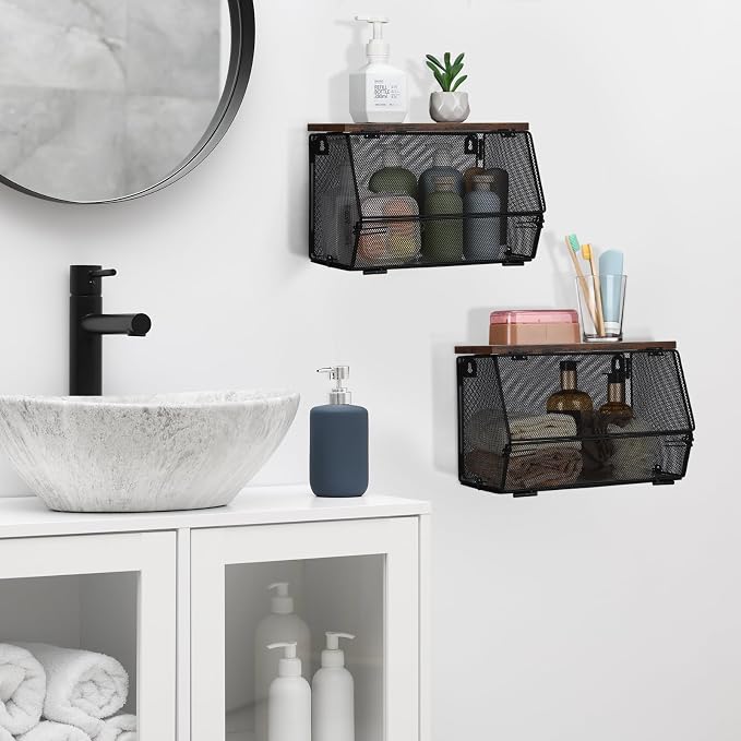 Teenyyou 2 Pcs Stackable Mesh Fruit Basket with Lid Wall Produce Vegetable Storage Basket Onion Potato Hanging Metal Wire Container for Kitchen Counter Pantry(Non-removable,Black,7.1" w & 11.8" l) - Image 7