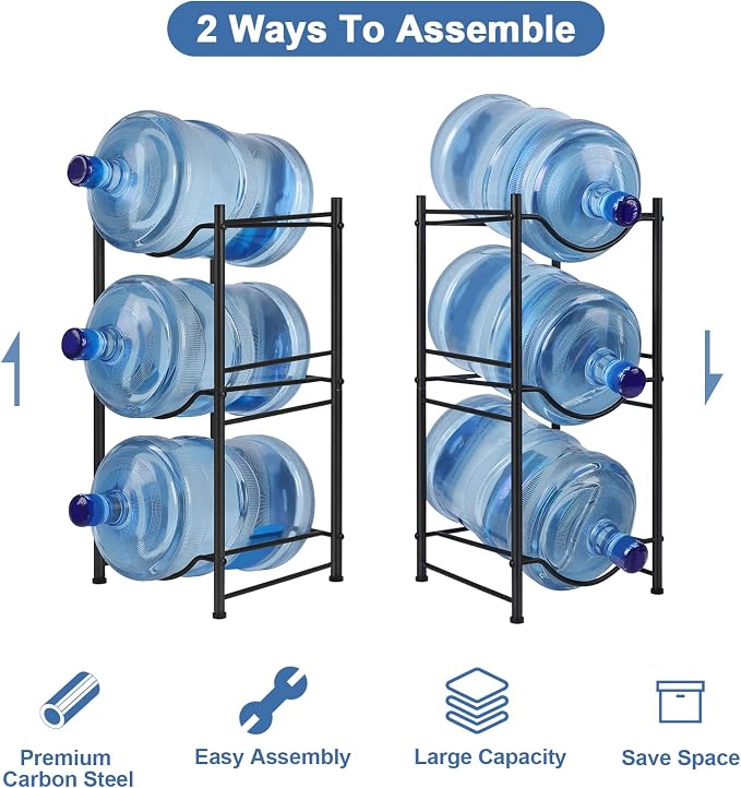 smusei 5 Gallon Water Bottle Jug Holder 3 Tier Heavy Duty Cooler Jug Storage Rack Detachable Bottle Organizer Shelf for Home Kitchen Office Space Save, Black - Image 3