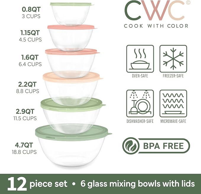 COOK WITH COLOR 12 Pc Glass Mixing Bowl Set with Lids – Borosilicate Glass Nesting Bowls for Cooking, Baking and Meal Prep, Multicolor - Image 2