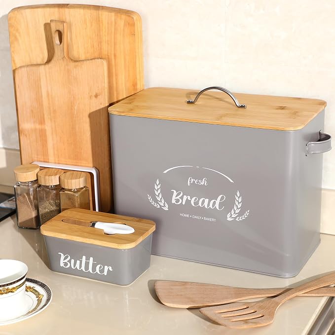 Qinyoung 2 Pcs Large Bread Box Set for Kitchen Countertop with Ceramic Butter Dish Holder Bamboo Lid Knife Metal Bread Holder Farmhouse Kitchen Storage Container for Home Housewarming Gift(Grey) - Image 5
