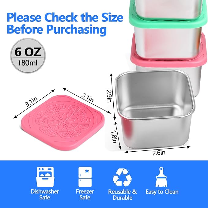 8 Pack 180ml/6oz Stainless Steel Snack Containers with Silicone Lids | 180ml Small Metal Food Storage Boxes for School Daycare Picnic Summer Camp, Reusable BPA-Free Meal Prep Condiment Cups - Image 2