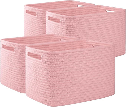 OIAHOMY 4 Pack Storage Baskets for Organizing, Cube Storage Bins for Shelves, Rectangle Storage Baskets With Handles, Woven Baskets for Storage, 12.7''Lx9''Wx7.8''H, Pink by MasterofSpaceOptimization