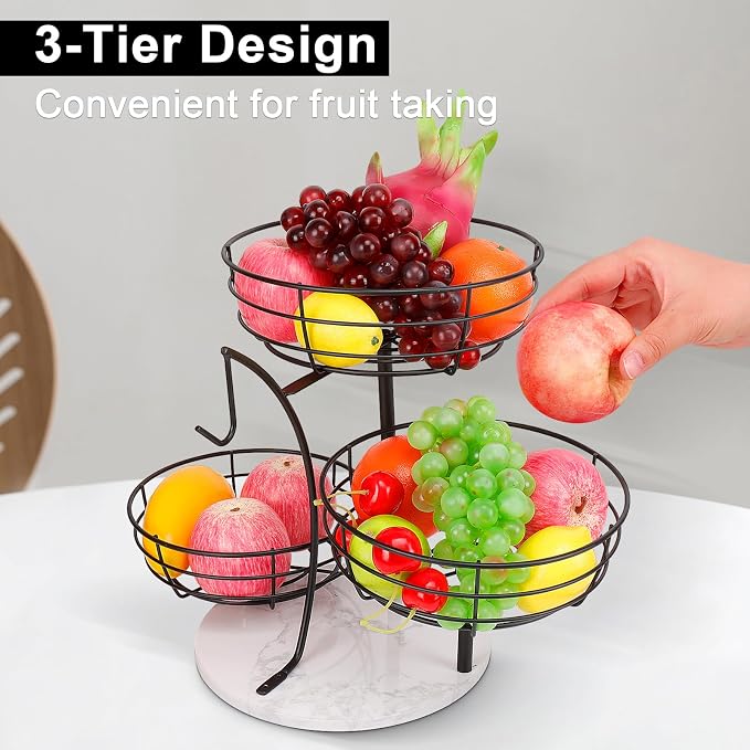 Livabber Fruit Basket Bowl with Banana Hanger, Metal Fruit Vegetable Storage Basket with Banana Holder for Kitchen Counter, Detachable Organizer for Bread Snack Produce (Black, 3-Tier Marble Base) - Image 6