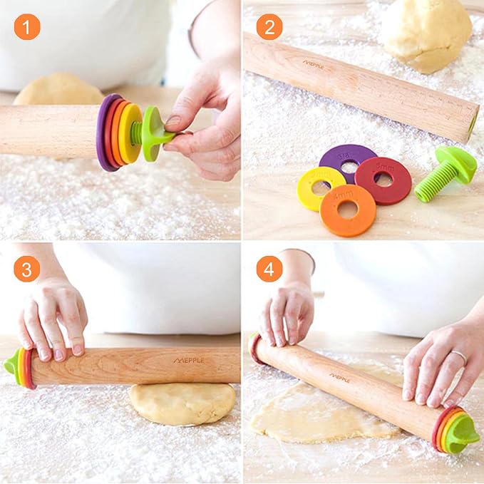 Rolling Pin with Thickness Rings and Pastry Baking Mat, 13.6" Adjustable Wooden Rolling Pin Dough Roller for Baking Cookie Pizza, Comes with Large Silicone Pastry Mat and Wooden Stand - Image 4
