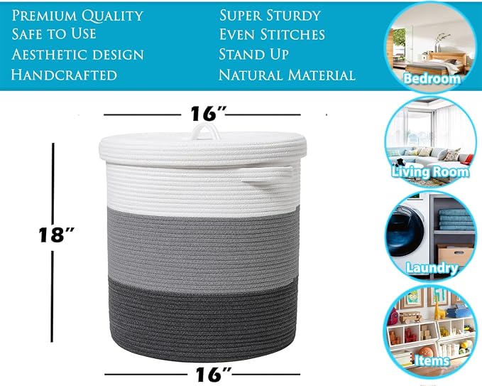 16x18 Inch Extra Large Round Cotton Rope Storage Basket with Lid, Decorative Woven Bin with Cover for Living Room Bedroom Closet, Grey & Dark Grey - Image 2