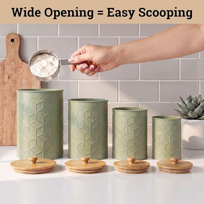 Kitchen Canisters for Countertop Set of 4, Textured Iron w/ Airtight Lids | Airtight Easy Open Bamboo Lids - Dent-Resistant Thick Metal - Sturdy Comfortable Bamboo Handles - Raised Textured Pattern - Image 7