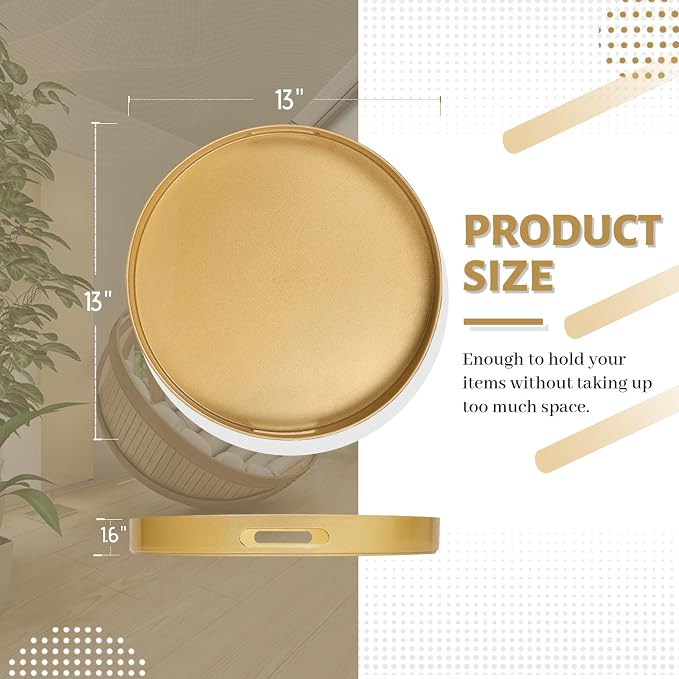 13" Gold Decorative Tray, Plastic Round Serving Tray with Handles | Decorative Tray for Coffee Table, Modern Ottoman Tray, Circle Tea Tray, Round Melamine Tray for Living Room, Bathroom - Image 2