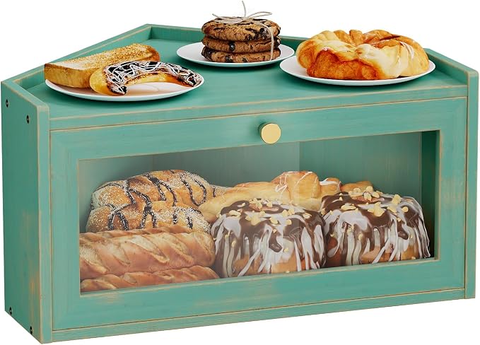 Trironsun Corner Bamboo Bread Box for Kitchen Counter Large Rustic Bread Storage Container with Acrylic Door Space-Saving Vintage Bread Keeper for Homemade Bread (Antique Blue) by TrironsunHome