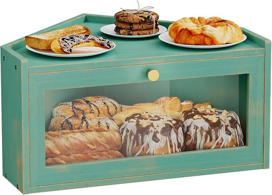 Trironsun Corner Bamboo Bread Box for Kitchen Counter Large Rustic Bread Storage Container with Acrylic Door Space-Saving Vintage Bread Keeper for Homemade Bread (Antique Blue) by TrironsunHome