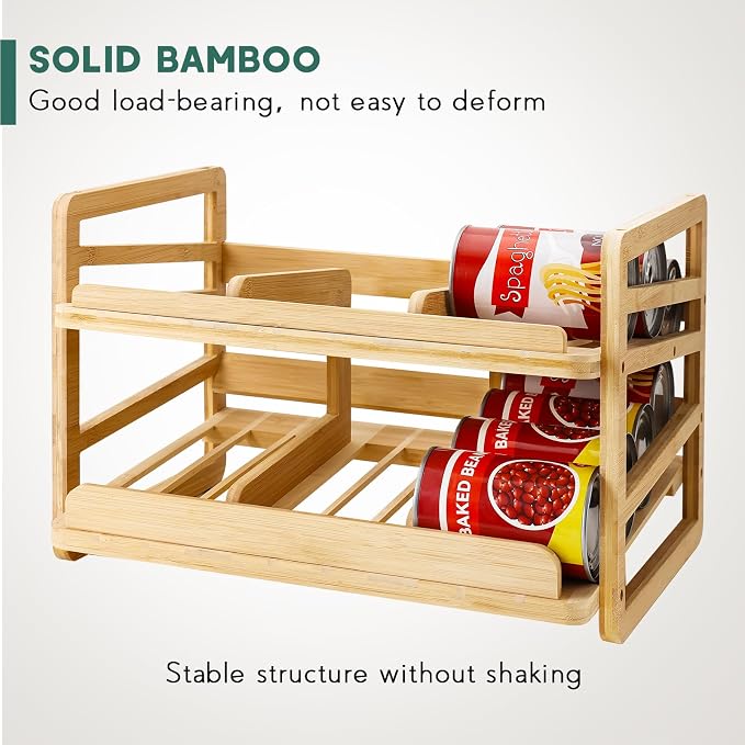 Rolling Bamboo Can Organizer Rack, Stackable Can Storage | Double-Layer Can Storage for Pantry, Canned Goods Holder Dispenser For Countertop Kitchen Cabinet or Pantry Shelf - Image 2