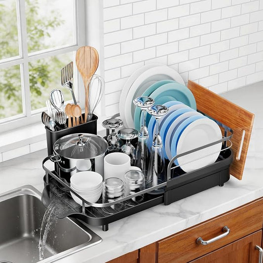 Expandable Stainless Steel Single Tier Dish Drying Rack, Auto Drain Dish Drainer for Kitchen Counter with Rotatable Multi-Slot, Drainboard, Utensil & Cutting Board Holder, 15"-22.4" Adjustable Length by Unknown