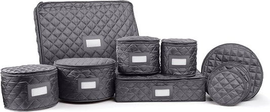 Covermates Keepsakes Dish Storage Set – Padded China & Dinnerware Storage Cases with Dividers, Cup & Stemware Storage, Quilted Polyester Protection, ID Window, Slate by Covermates