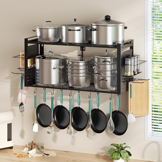 31" Wall Mounted 2-Tier Pot Rack, Kitchen Cookware Spice Utensil Organizer | With 20 hooks, pan organizer and spice rack. Solid frame neatly holds cookware, stock pots, pans and kitchen utensils. - Image 3