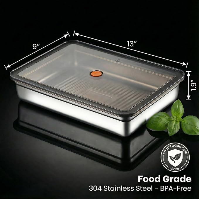 Stainless Steel Food Storage Containers, Silver, 3-Piece Set | Airtight with Vacuum Seal, Stackable Rectangular, BPA-Free Lids, For Meal Prep and Leftovers Storage, Shallow- 1.9'' Height - Image 2