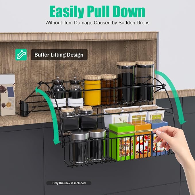 3-Tier Pull Down Spice Rack,Large Capacity Kitchen Storage Shelf Organizer Heightened Guardrail & Enlarged Mounting Plate for Cabinet/Pantry Holds Seasoning Jars Bottles Shakers Retractable Organizer - Image 5