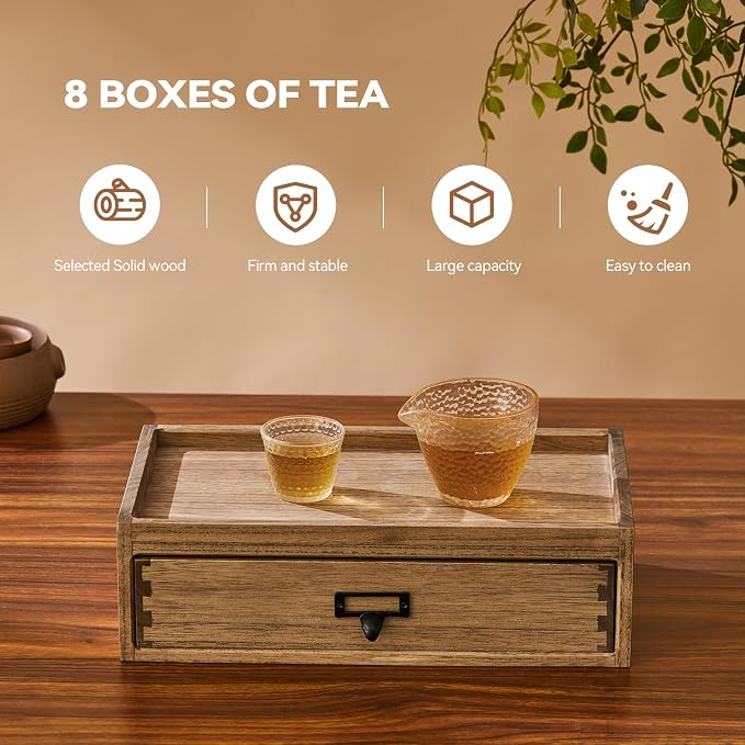 KIRIGEN Solid Wood Tea Storage Box, 8 Compartments, Brown CYG-DBR | 8-Section Desk Cabinet Organizer with Metal Handle Stores Tea Bags, Sachets, Coffee Packets, Sugar, and Small Tea Accessories - Image 2