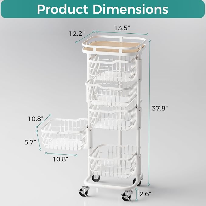 5 Tier Rotating Kitchen Storage Cart, Fruit Vegetable Potato Rack Stand | Patented Swivel Part Spin Smoothly Even Full. Rustproof. One-Piece Wire Bin Prevent Sagging. Keep Onion, Veggie, Spices Fresh - Image 7