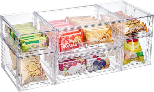 Vtopmart 6 Pack Clear Stackable Storage Drawers,Easy to Assemble Pantry Organizers and Storage with handles,Plastic Drawers for Kitchen Pantry,Cabinet,Under Sink Organization by Vtopmart