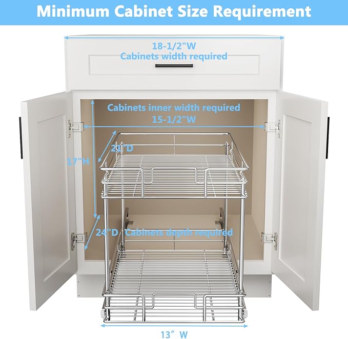 ROOMTEC New Version Pull Out Cabinet Organizer for Base Cabinet (14" W X 21" D), Kitchen Cabinet Organizer and Storage 2-Tier Cabinet Pull Out Shelves Under Cabinet Storage for Kitchen Silver,Chrome - Image 4