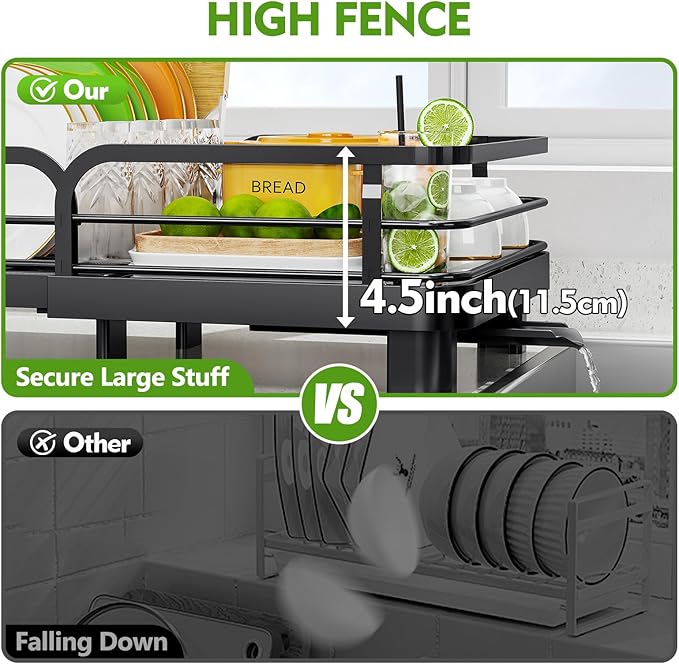 TOOLF Expandable Dish Drying Rack for Kitchen Counter, Black | Stainless Steel Dish Drainer with Drainboard Set & Cutlery Holder, Extendable 13.7“-20.5”L, Rust-Proof, Fits for 1-3 People - Image 4