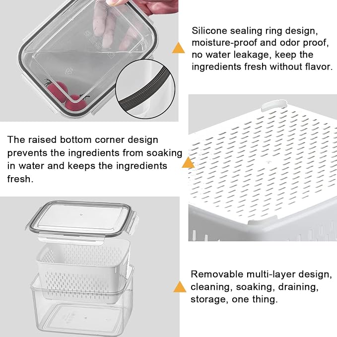 3Pack Fridge Food Storage Container Set with Lids with Strainer,Plastic Fresh Produce Saver Vegetable Fruit Meat Storage Organization, BPA-Free Plastic Produce Keepers(3.15L+1.7L+0.8L) - Image 5