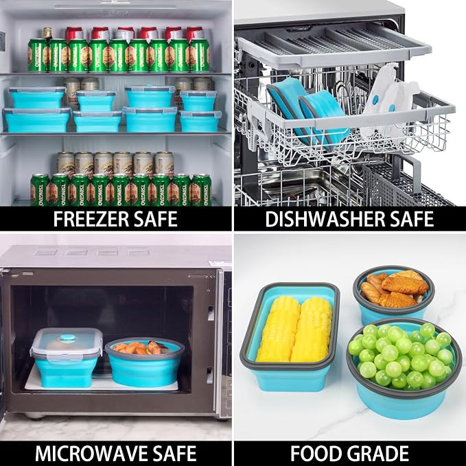 Collapsible Food Storage Containers with Lid & Air Vent, 16 Pack, 8 Rectangular + 8 Round, Foldable Silicone Lunch Containers Collapsible Bowls Set, Microwave Freezer Dishwasher Safe, Blue - Image 4