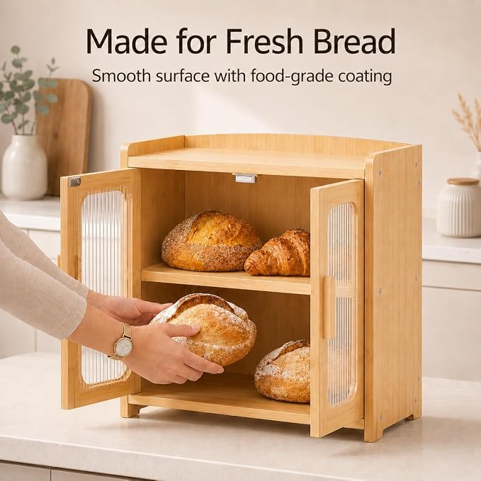 Bread Box for Kitchen Countertop, Large Capacity Wooden Bread Box, Fluted Acrylic Window Farmhouse Bread Storage, 2 Tier Corner Bread Box for Homemade Bread & Sourdough Bread, Natural Bamboo - Image 6