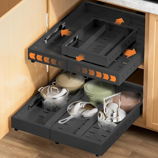 Pull out Cabinet Organizer Expandable W(12"-20") and D(16"-22"), No Drill Adjustable Slide Out Drawers With 3 Slide Rails, 2Pcs Magnetic Panel, Adhesive Roll out Shelves for Kitchen, Cabinets, Pantry by YJHome