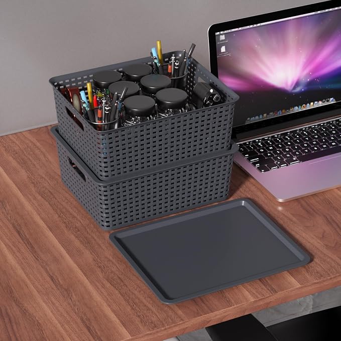 Hespama 6 Packs Grey Lidded Organizer Baskets, Stackable Storage Basket | Plastic Weave Basket for Shelves Cabinets Desktops - Image 5