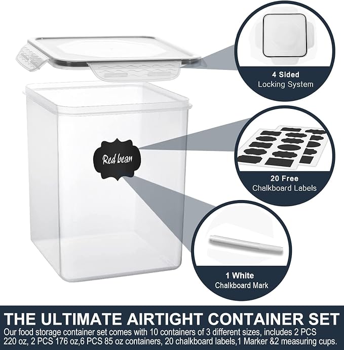 VERONES Large Tall Airtight Food Storage Containers, 10 PACK Containers Set | Plastic Airtight Kitchen & Pantry Organization, Ideal for Flour & Sugar Plastic Canisters with Labels - Image 6