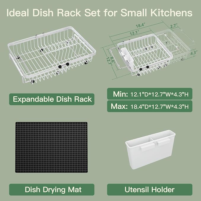 White Dish Drying Rack Over The Sink with Utensil Holder, Mat | Expandable Stainless Steel Dish Drainer for Small Kitchen, Apartment, RV, Counter Space Saving, Perfect Fit, Rustproof - Image 2