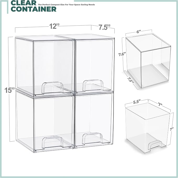 Sorbus Stackable Acrylic Storage Drawers, 4 Pack Clear Plastic Organizer Bins for Baby Bottles, Makeup, Bathroom, Vanity & Kitchen Countertop Organization, Pull-Out Drawer Design for Cabinets & Pantry - Image 3
