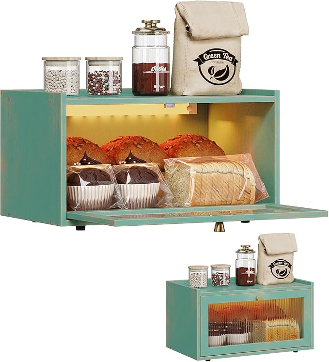 Trironsun Bamboo Bread Box with Led Light for Kitchen Counter Large Capacity Bread Storage Container Kitchen Countertop Organizer with Window Bread Holder (Antique Blue) by TrironsunHome