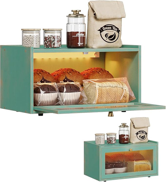 Trironsun Bamboo Bread Box with Led Light for Kitchen Counter Large Capacity Bread Storage Container Kitchen Countertop Organizer with Window Bread Holder (Antique Blue) by TrironsunHome