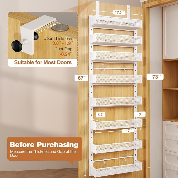 Pantry Door Organizers and Storage, 8-Tier Large Metal Heavy-Duty Frame Over the Door Spice Rack, 2 in 1 Wall-Mounted or Hanging shelf for Kitchen, Bathroom, Laundry Room, Bedroom, Closet &Nursery - Image 2