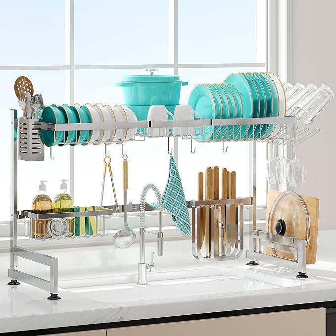 2 Tier Extra Large Stainless Steel Over The Sink Dish Drying Rack | Rust Proof Metal, Expandable Kitchen Sink Drainer, Counter Space Saving, Heavy Duty, Modern Silver, Multifunctional Storage by MAJALiS