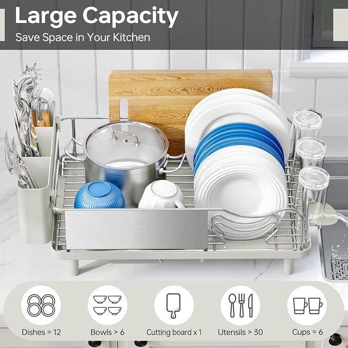 Urackify Dish Drying Rack, Stainless Steel Dish Rack with Auto Drain | Rustproof Dish Drainer with Cutlery Holder & Auto Drain, 16.9" L x 12.4" W Big Load for Plate Dish Sliverware, Light Geen - Image 3